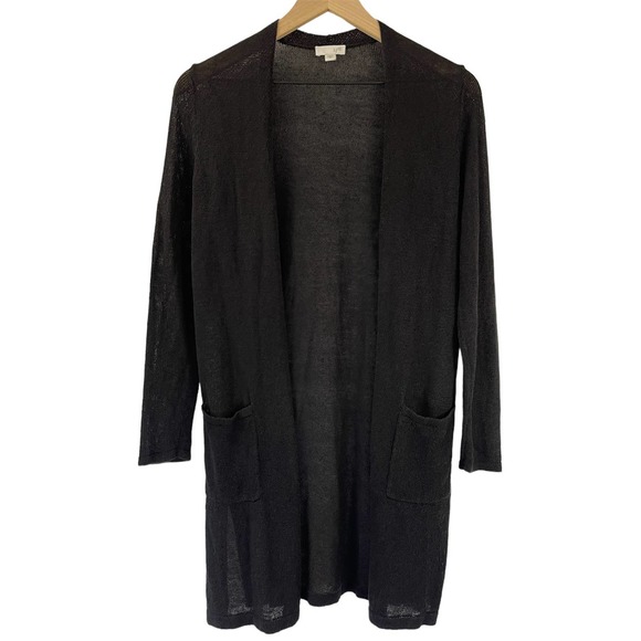 J.Jill Black Linen Blend Open Front Knit Cardigan Blend Pockets Sz XS #4093 - Picture 2 of 11